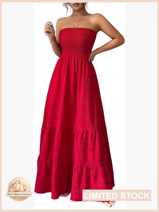 Dresses & Skirts - Strapless Tube Top Maxi Dress Smocked A Line Tiered Ruffle Flowy Party